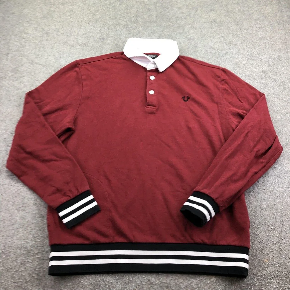 True Religion Polo Shirt Mens Large Red Solid Long Sleeve Rugby Knit Logo